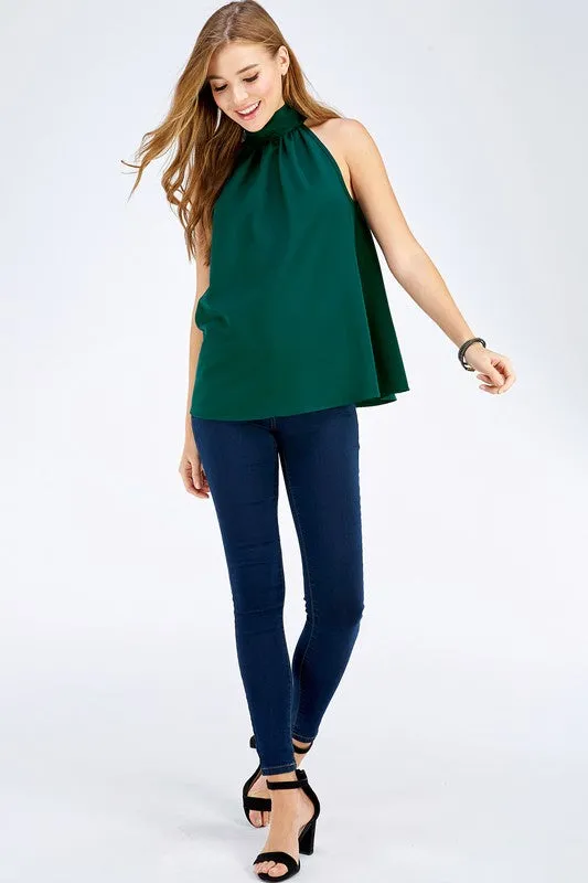 Hunter Green Turtleneck Sleeveless Back Bow Top