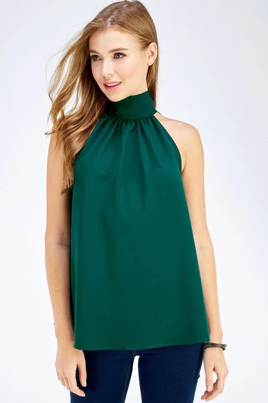 Hunter Green Turtleneck Sleeveless Back Bow Top