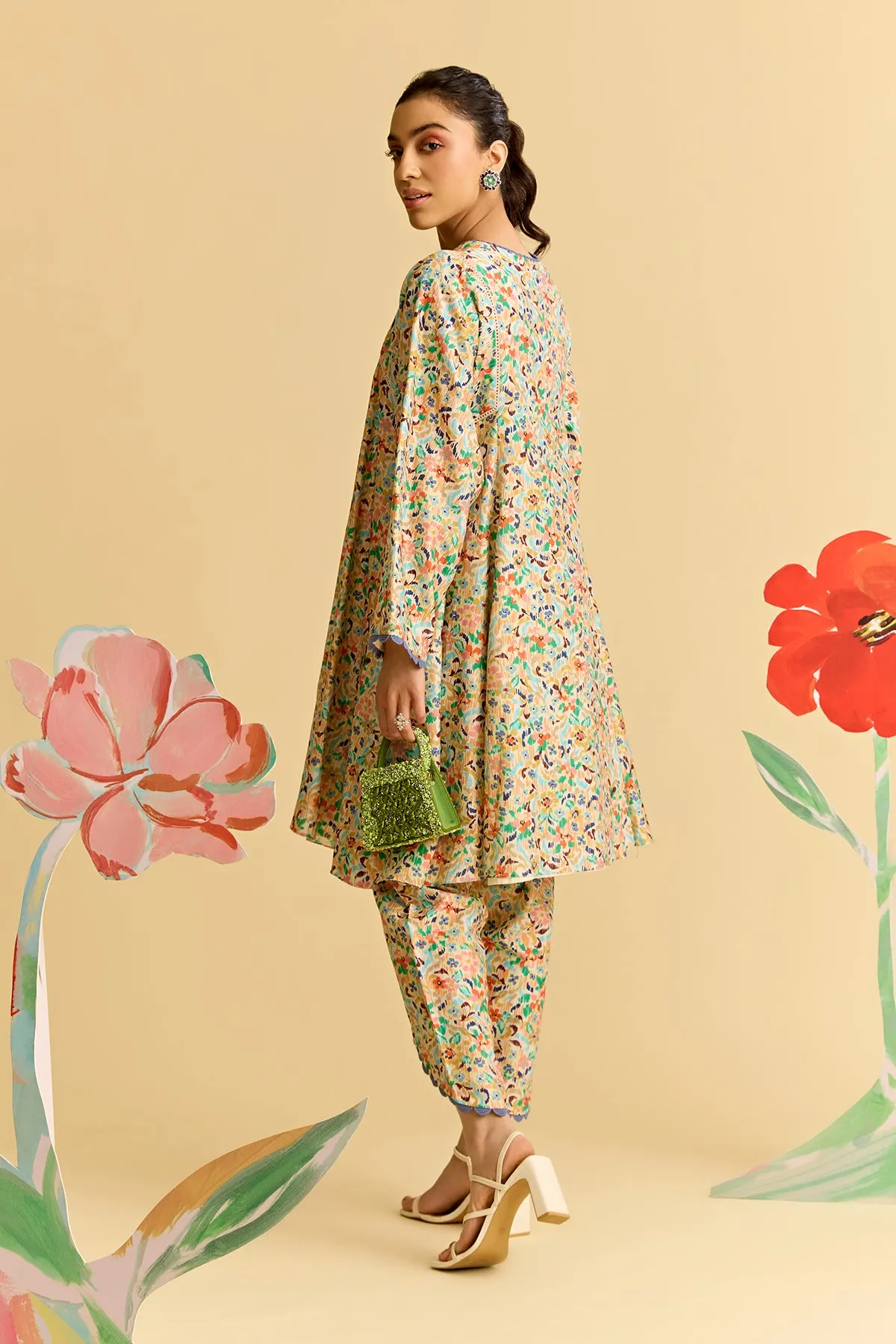 Ikkat Printed Flared Short Kurta Set