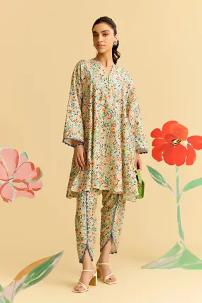 Ikkat Printed Flared Short Kurta Set