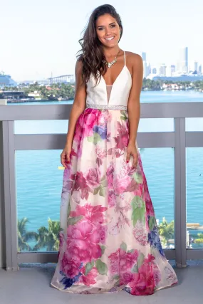 Ivory Floral Maxi Dress with Jewel Detail