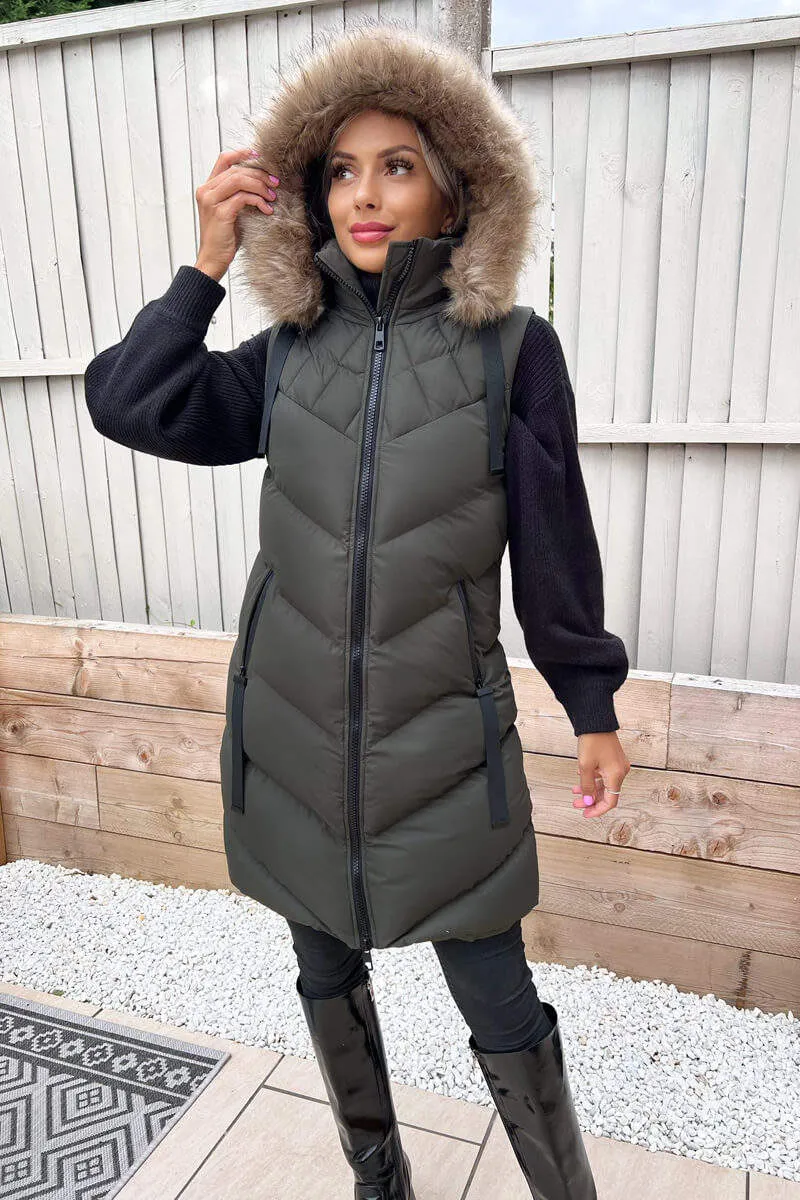 Khaki Faux Fur Hooded Gilet