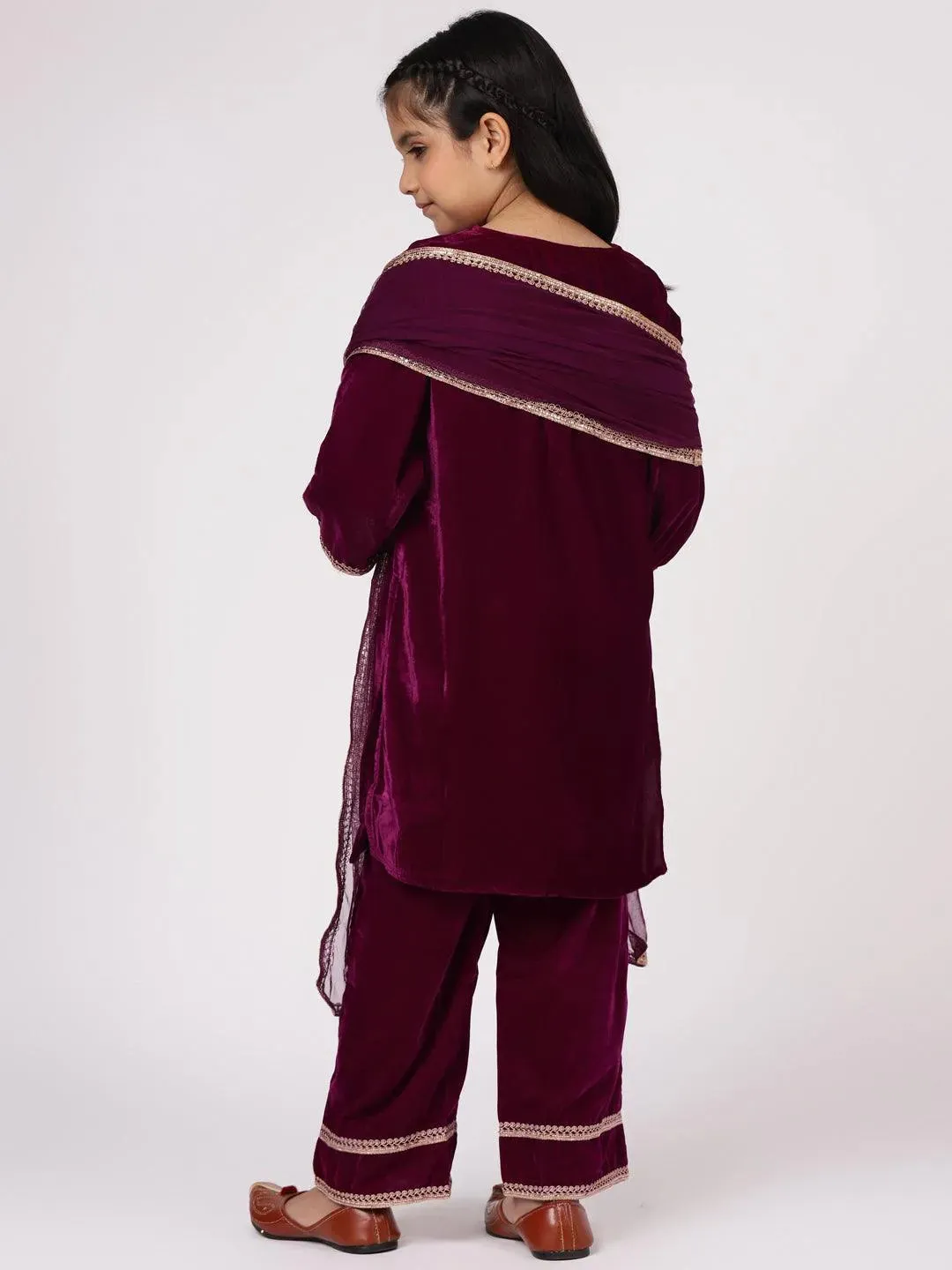 Kids Purple Solid Velvet Straight Kurta With Palazzos & Dupatta