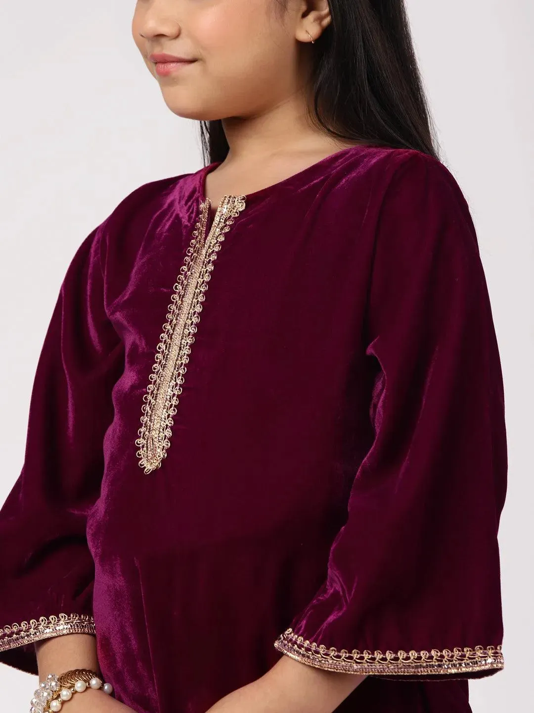 Kids Purple Solid Velvet Straight Kurta With Palazzos & Dupatta