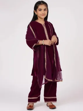 Kids Purple Solid Velvet Straight Kurta With Palazzos & Dupatta