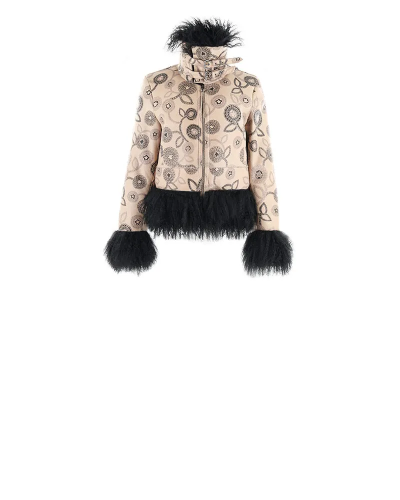 Knitted Flower Printed Shearling Jacket with Curly Lamb Trim Designed by Zandra Rhodes