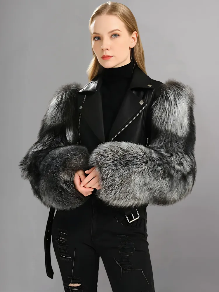 Leather Biker Jacket With Fluffy Fur Sleeves