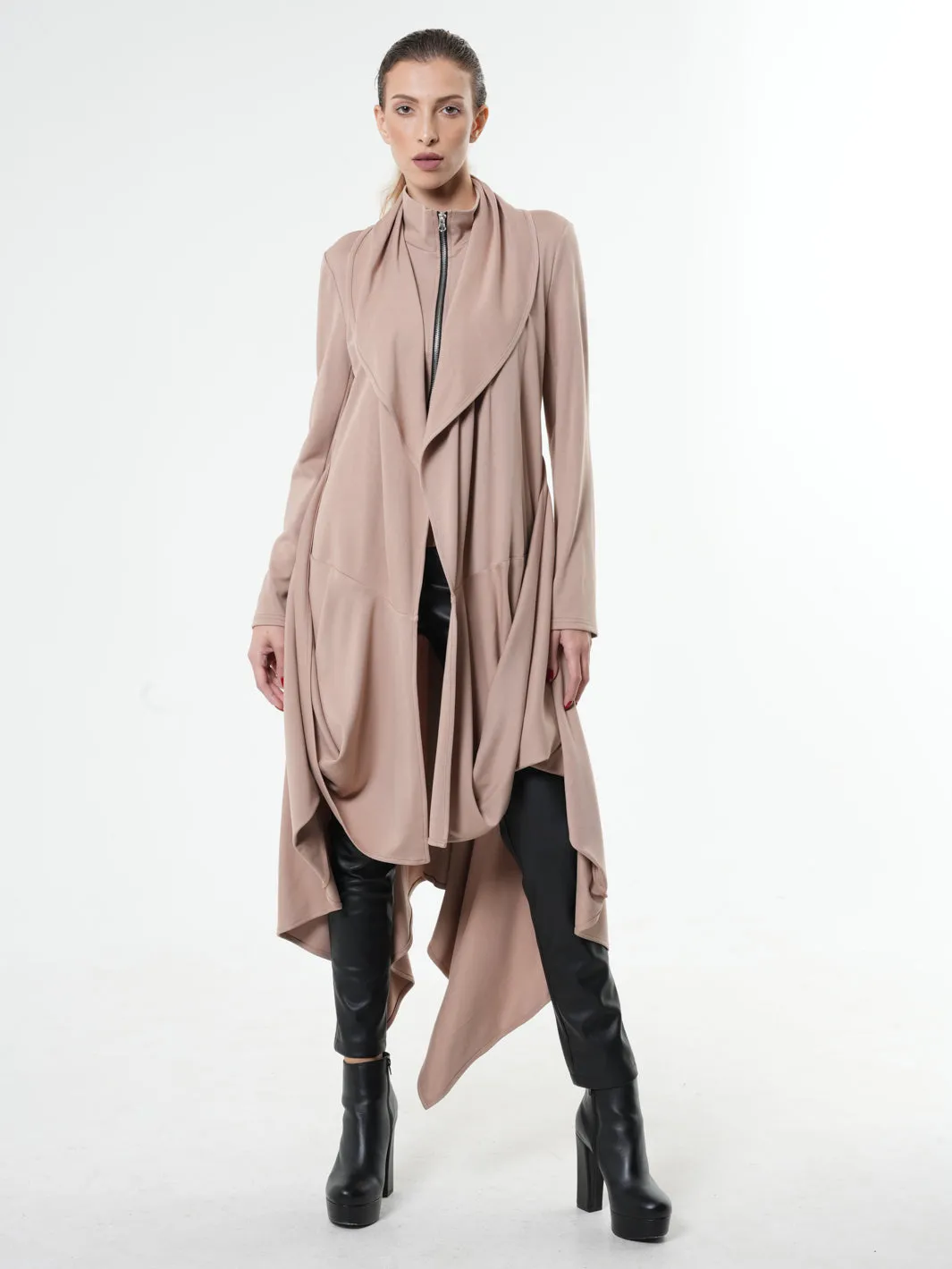 Long Zipper Cardigan With Drapings