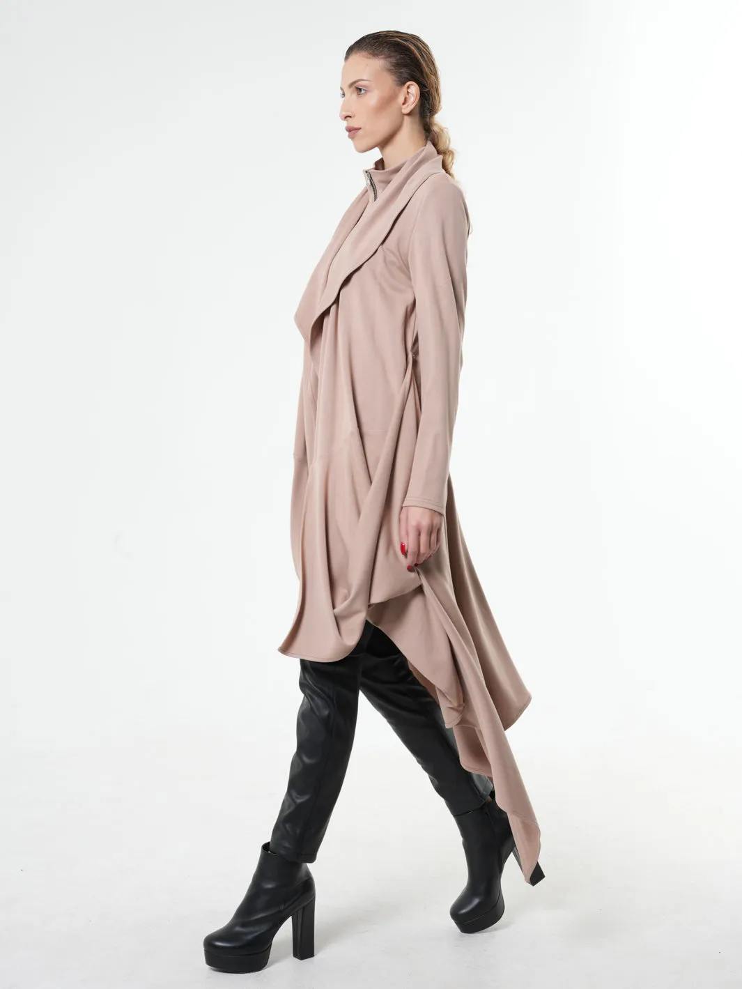 Long Zipper Cardigan With Drapings