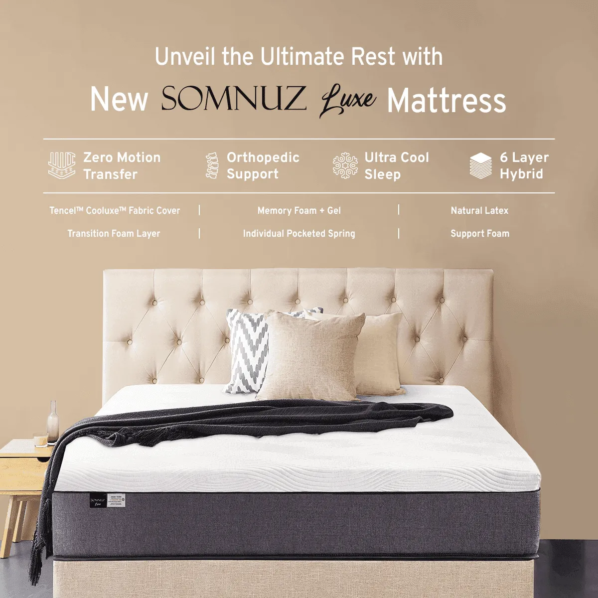 Manovel Grey Fabric Bed Frame (Water Repellent)   Somnuz® Luxe Hybrid Cooling Mattress