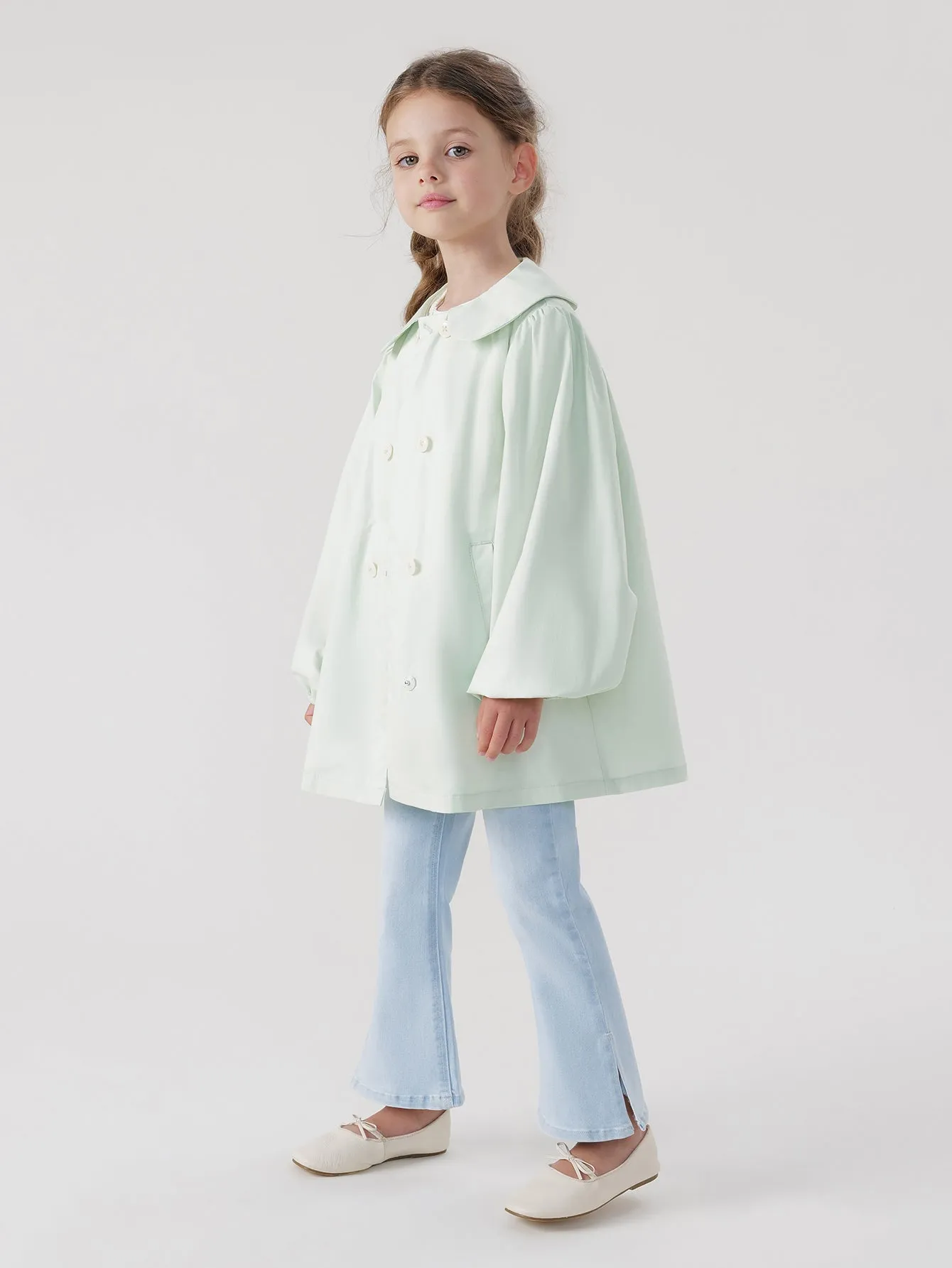 MARC & JANIE Girls Peter Pan Collar Lantern Sleeve Trench Coat 240057