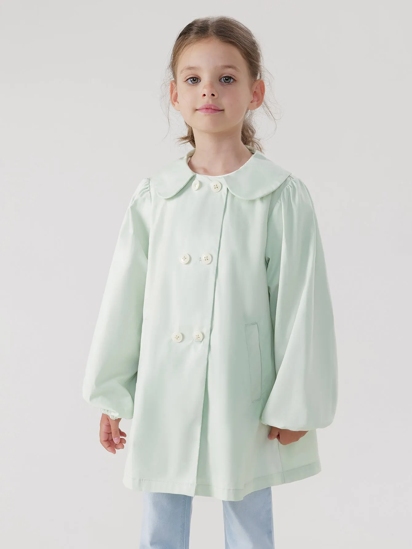 MARC & JANIE Girls Peter Pan Collar Lantern Sleeve Trench Coat 240057