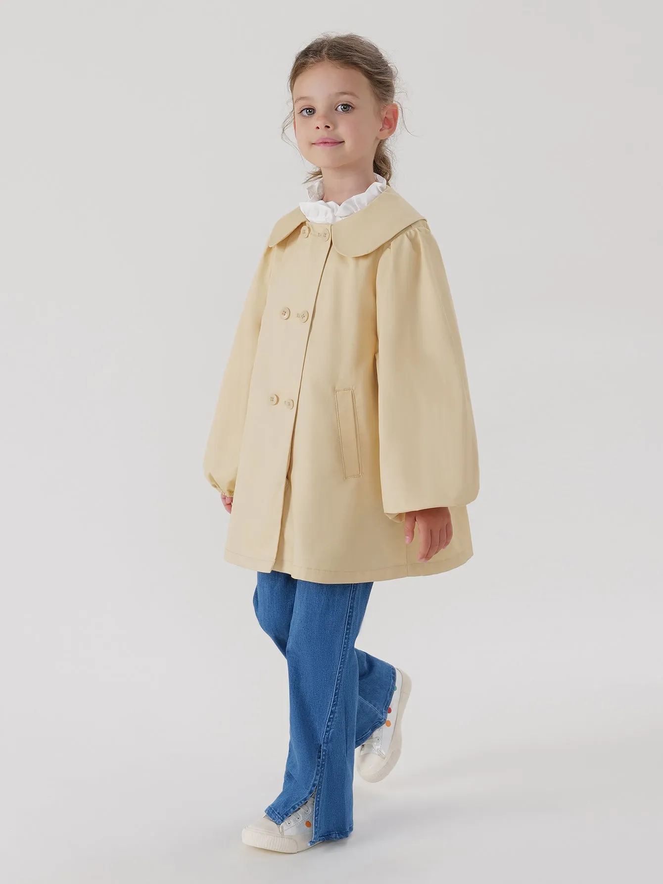 MARC & JANIE Girls Peter Pan Collar Lantern Sleeve Trench Coat 240057