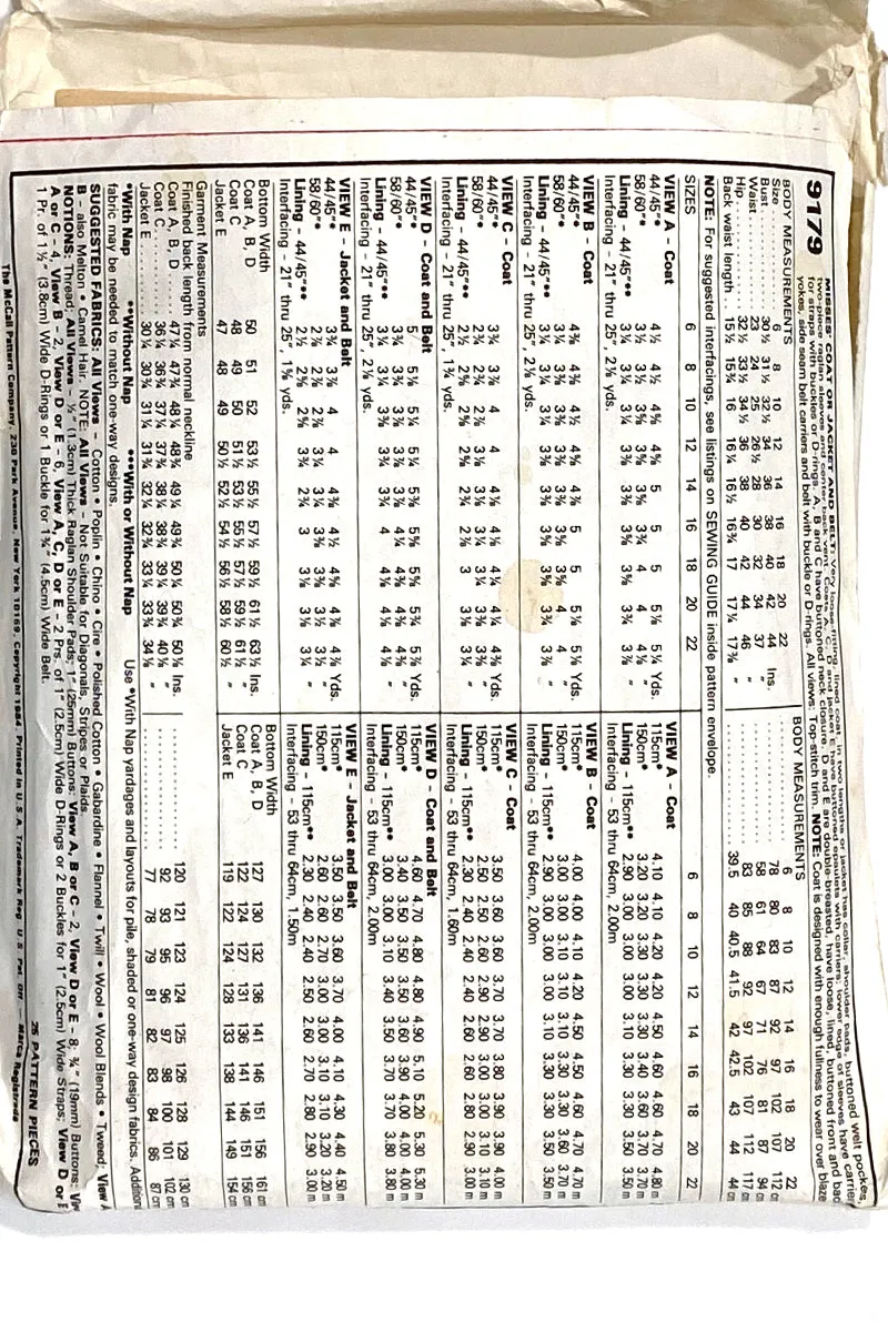 McCalls 9179 1984 Vintage Brooke Shields Oversized Coat Sewing Pattern