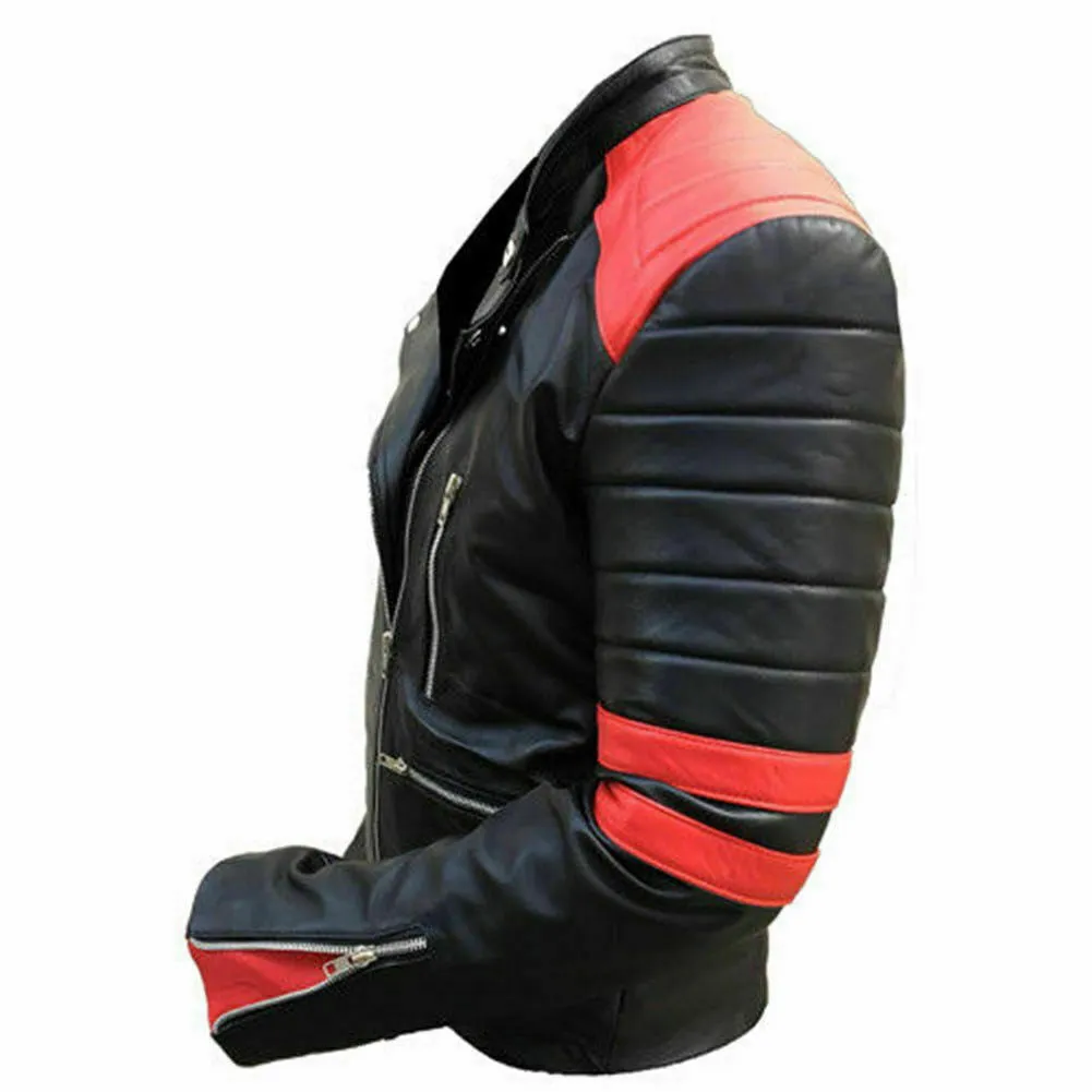 Mens Biker Moto Style Classic Brando Black/Red Real Leather Motorcycle Jacket - JAC5