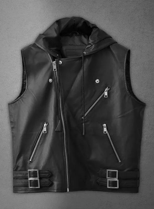 Men’s Black Leather Biker Hooded Vest