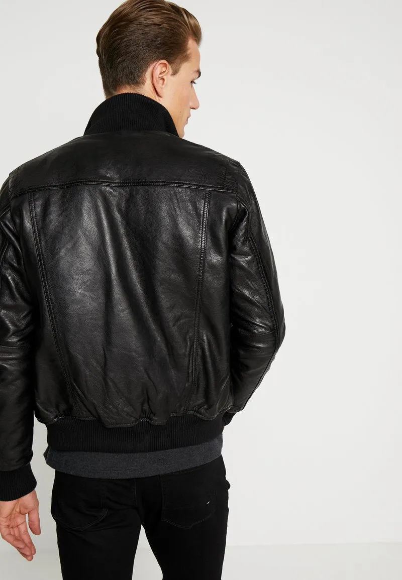 Men’s Black Leather Bomber Jacket