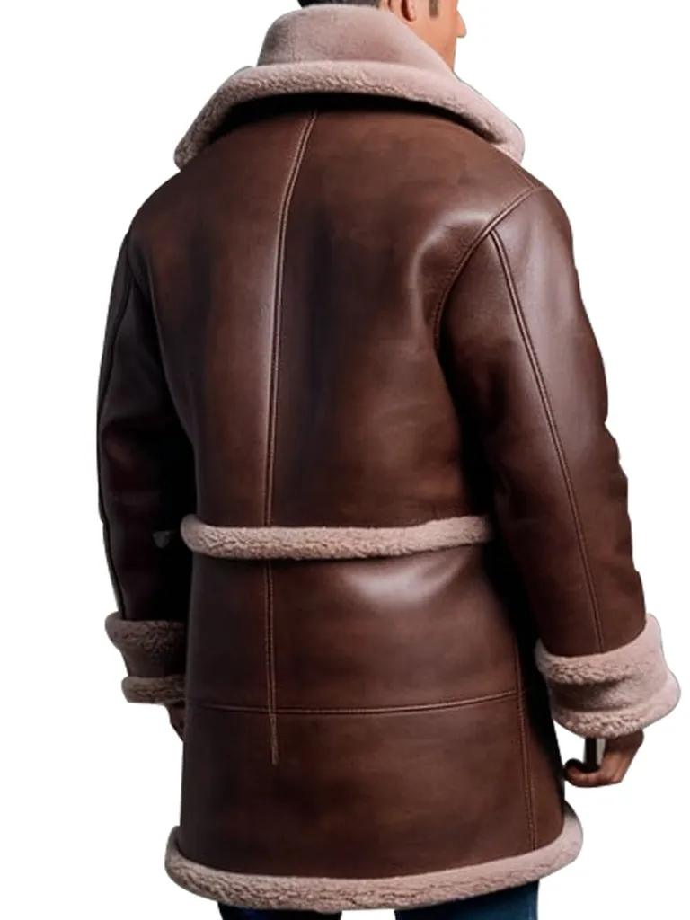 Men's Brown Shearling Leather Jacket with Plush Collar