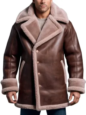 Men's Brown Shearling Leather Jacket with Plush Collar