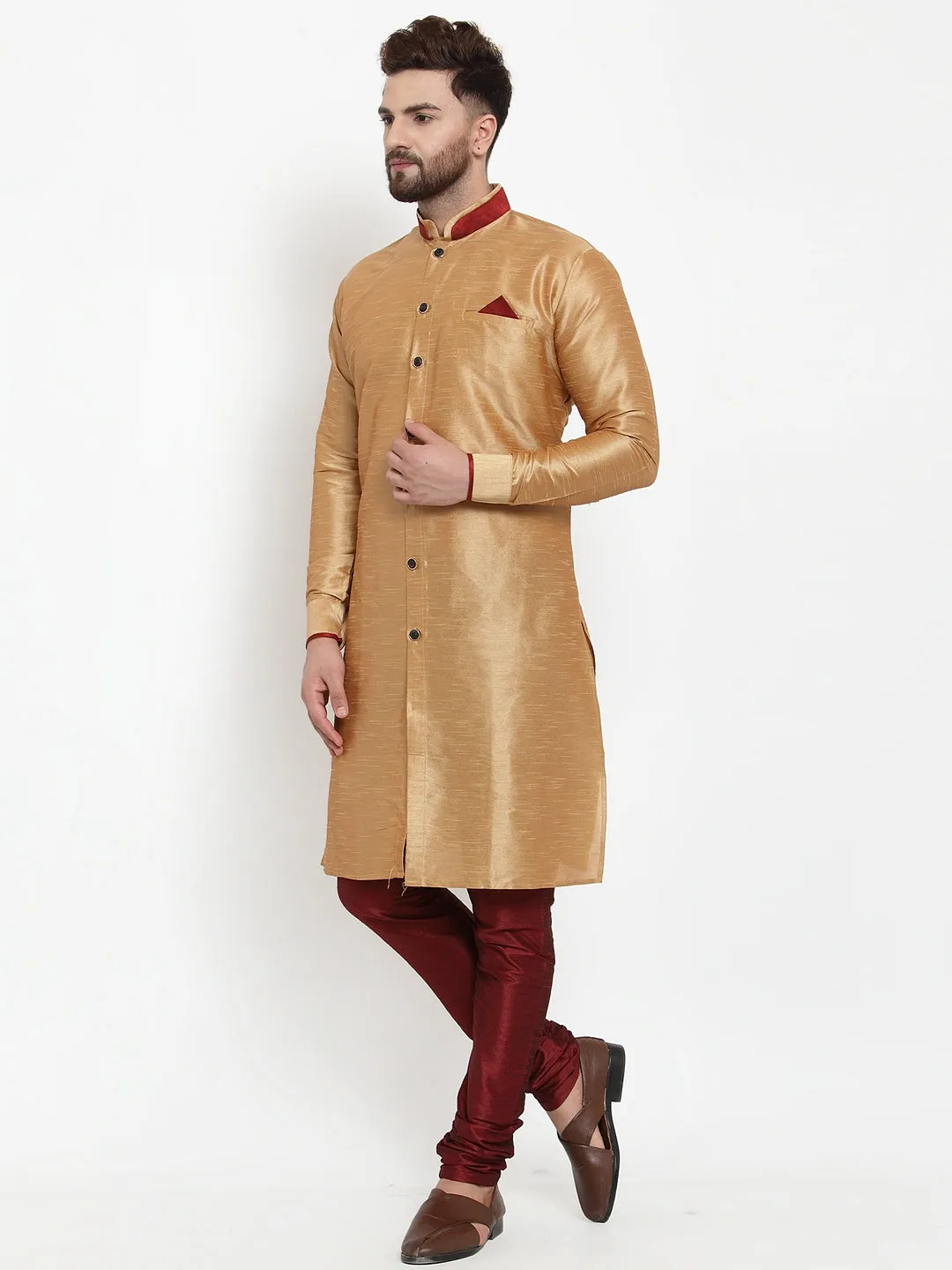 Men's Copper Solid Kurta With Maroon Churidaar Pyjama Set - Benstoke