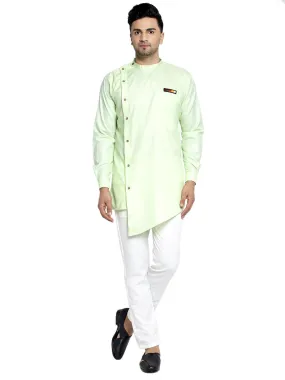 Men's Cotton Green Asymmetric Solid Kurta With White Trousers - Benstoke