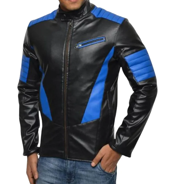 Men's Designer FJM553 Biker style Black and Blue Leather Jacket