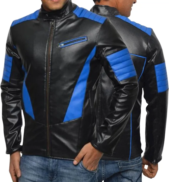 Men's Designer FJM553 Biker style Black and Blue Leather Jacket