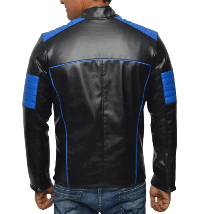 Men's Designer FJM553 Biker style Black and Blue Leather Jacket