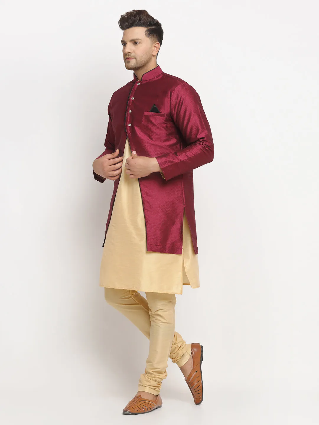 Men's Gold Kurta With Pyjama & Burgundy Self Design Jacket - Benstoke