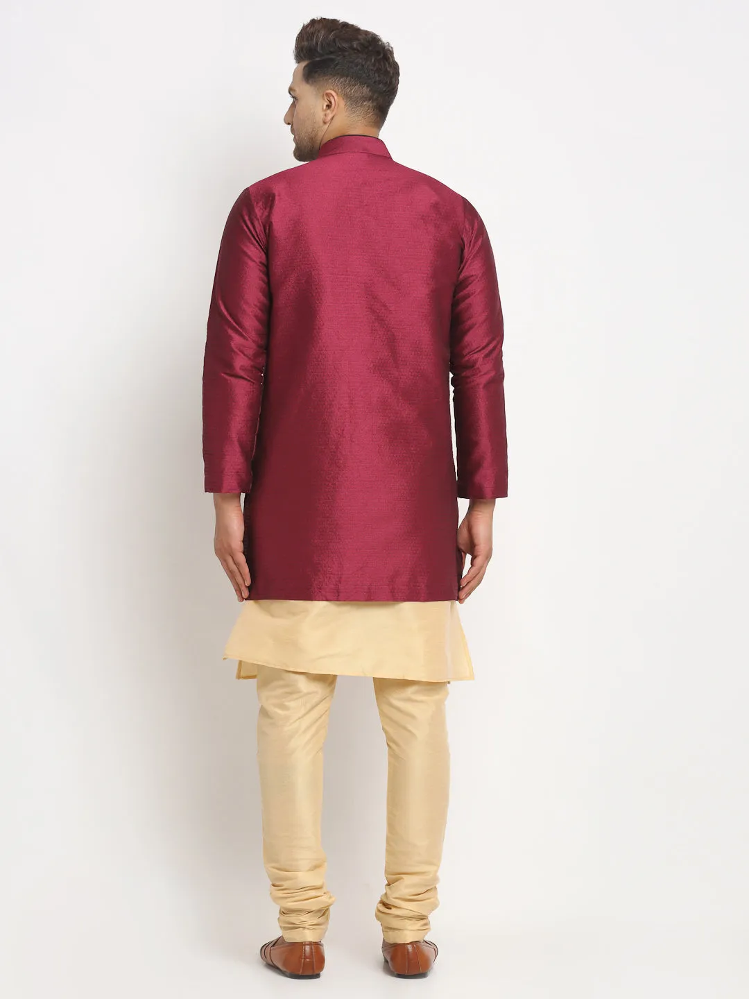 Men's Gold Kurta With Pyjama & Burgundy Self Design Jacket - Benstoke