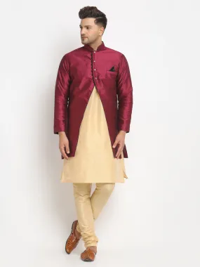 Men's Gold Kurta With Pyjama & Burgundy Self Design Jacket - Benstoke