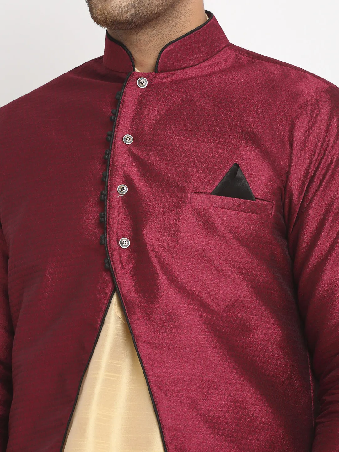 Men's Gold Kurta With Pyjama & Burgundy Self Design Jacket - Benstoke