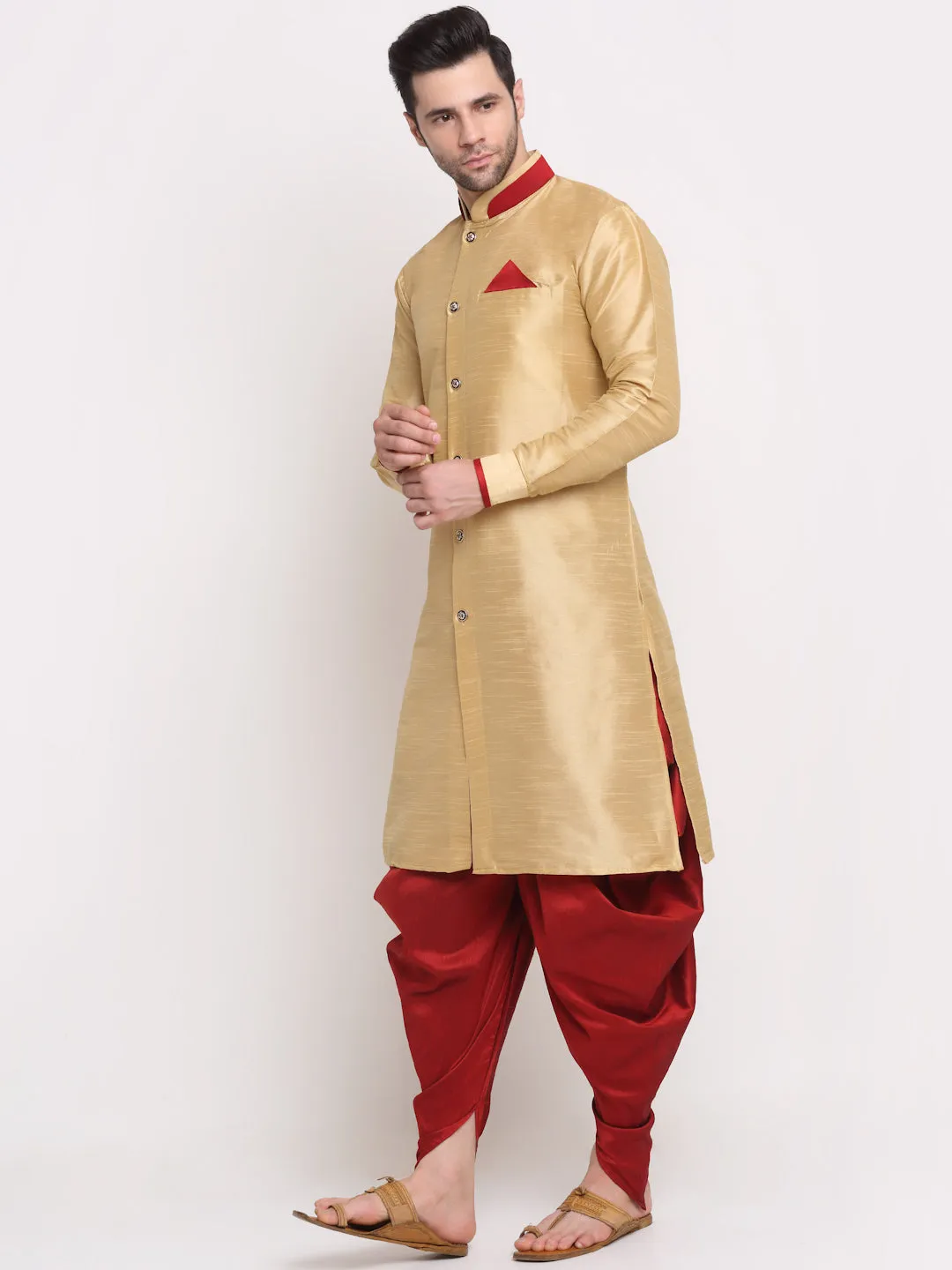 Men's Gold Solid Kurta With Maroon Dhoti Pant - Benstoke