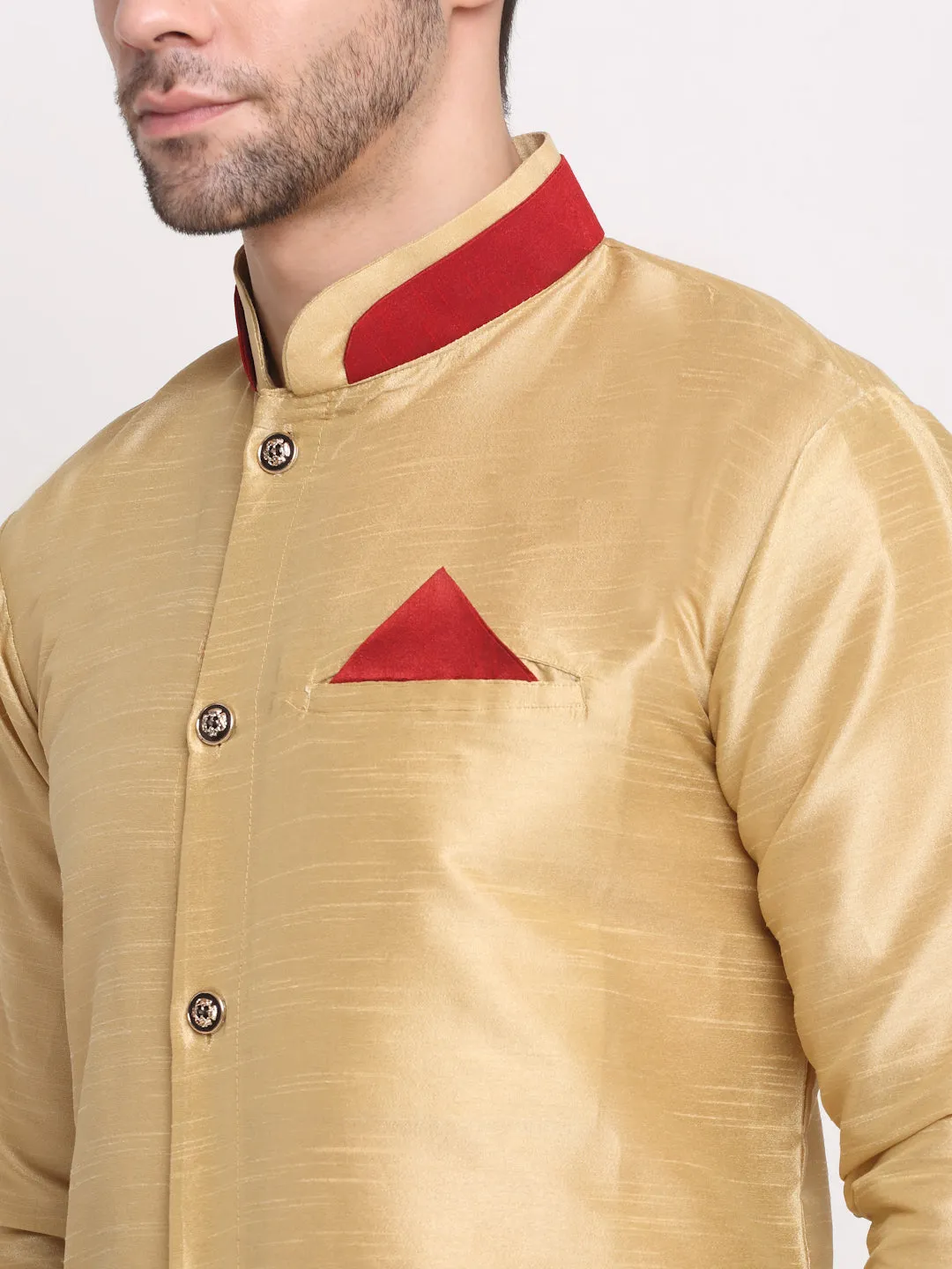 Men's Gold Solid Kurta With Maroon Dhoti Pant - Benstoke