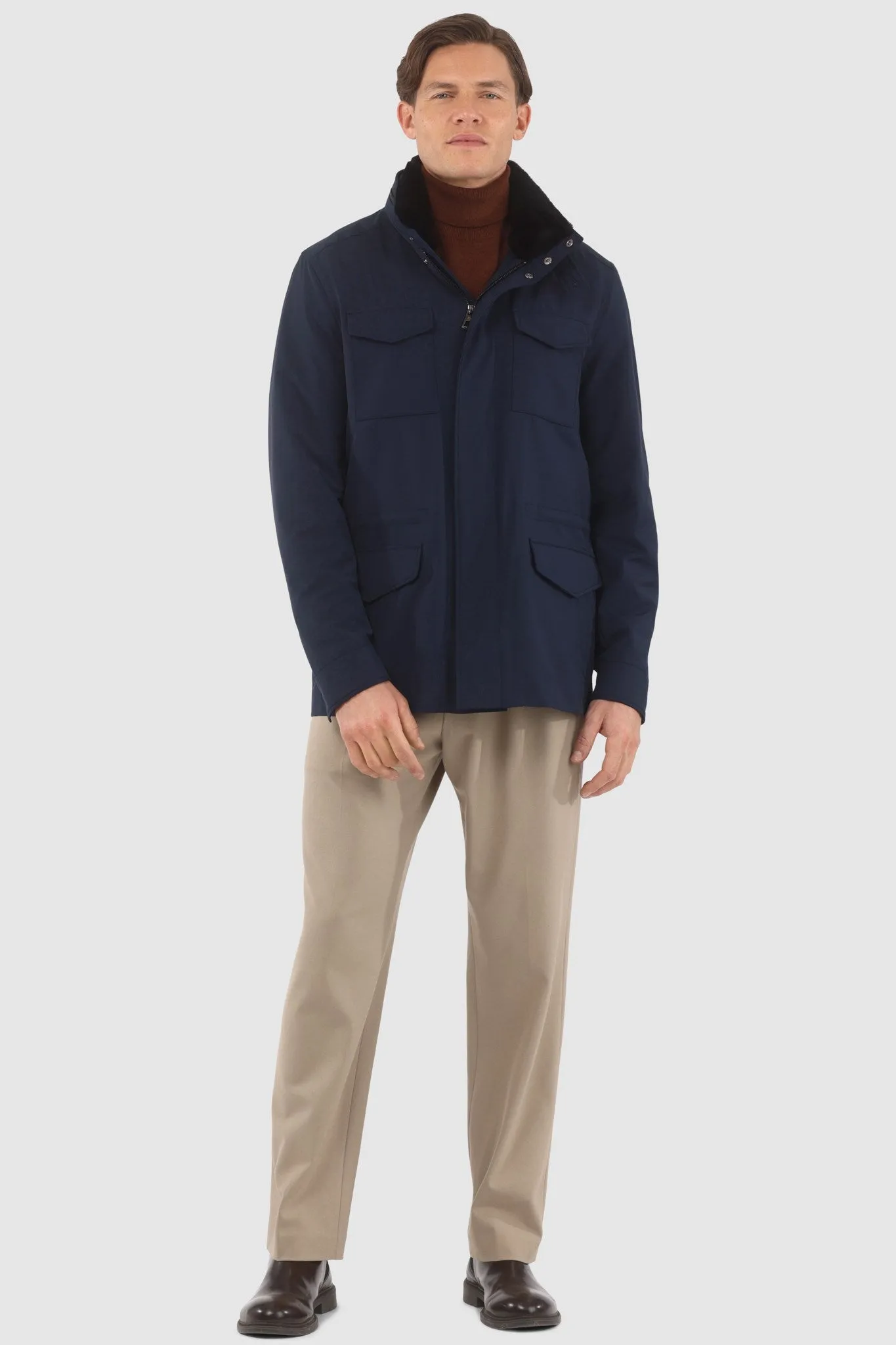 Men's Loro Piana Storm System Lined Jacket W/ Det. Shearling Lamb Collar, Concealed Hood