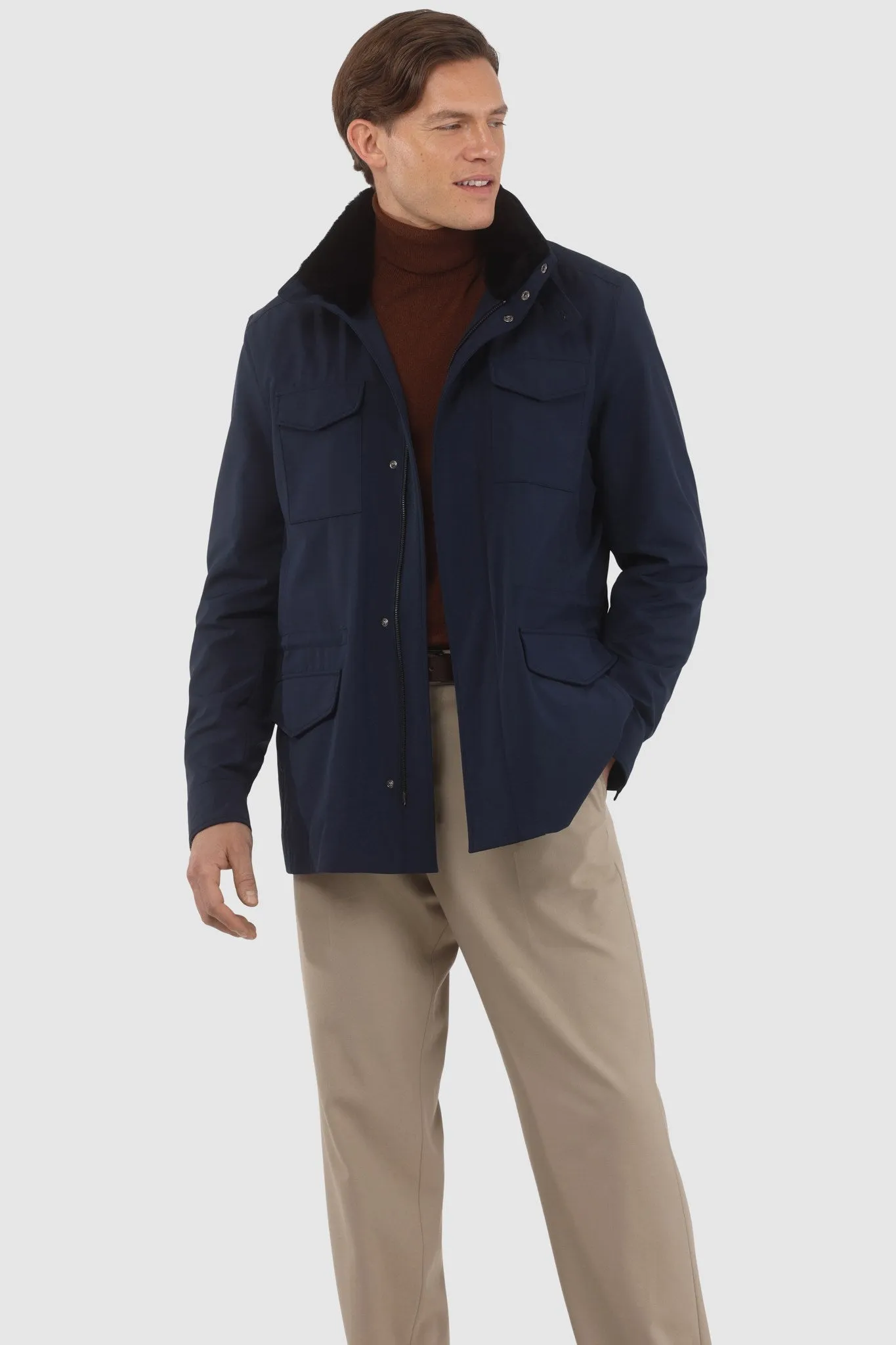 Men's Loro Piana Storm System Lined Jacket W/ Det. Shearling Lamb Collar, Concealed Hood