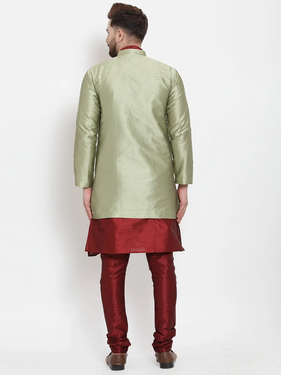 Men's Maroon Kurta With Pyjama & Beige Self Design Jacket - Benstoke