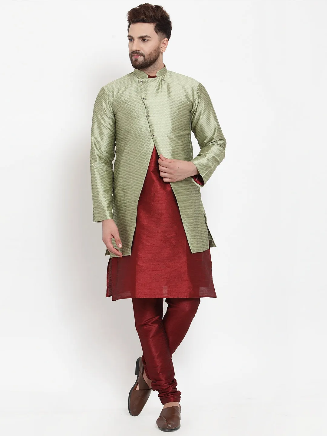 Men's Maroon Kurta With Pyjama & Beige Self Design Jacket - Benstoke