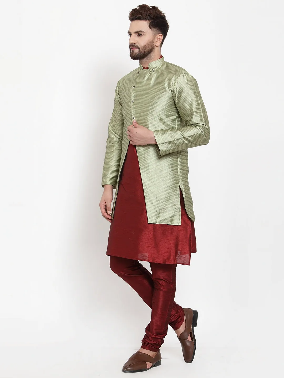 Men's Maroon Kurta With Pyjama & Beige Self Design Jacket - Benstoke