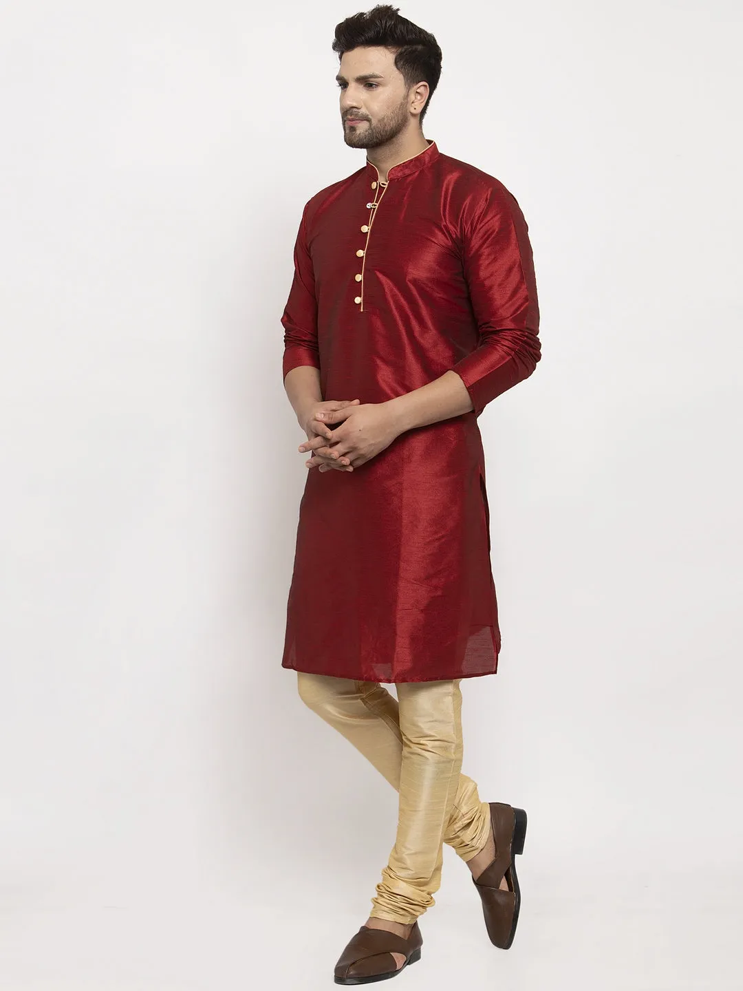 Men's Maroon Solid Kurta With Gold Churidaar Pyjama - Benstoke