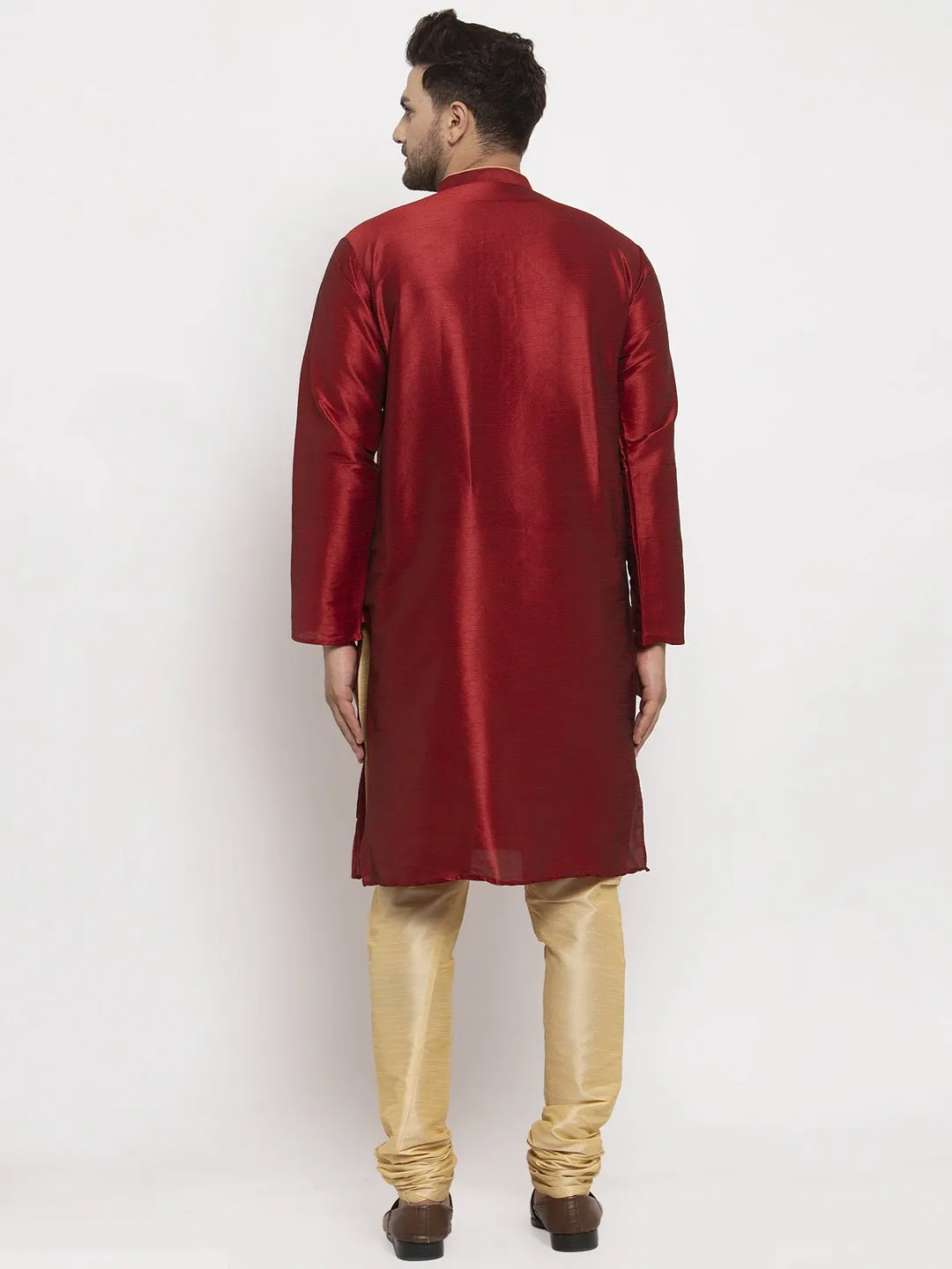 Men's Maroon Solid Kurta With Gold Churidaar Pyjama - Benstoke