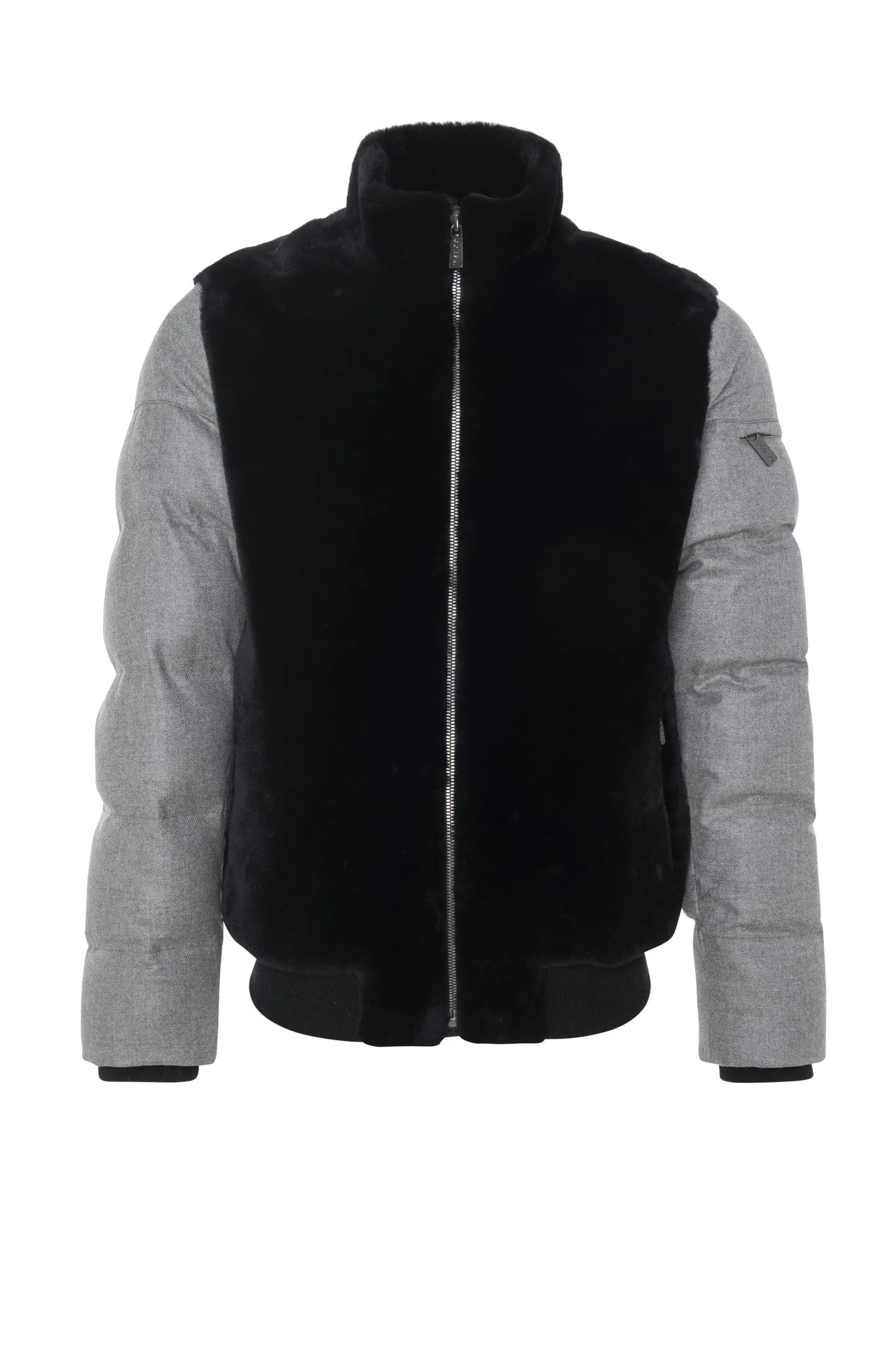 Men's Merino Shearling Lamb Bomber Jacket with Loro Piana Cashmere & Wool Quilted Down Sleeves and Back