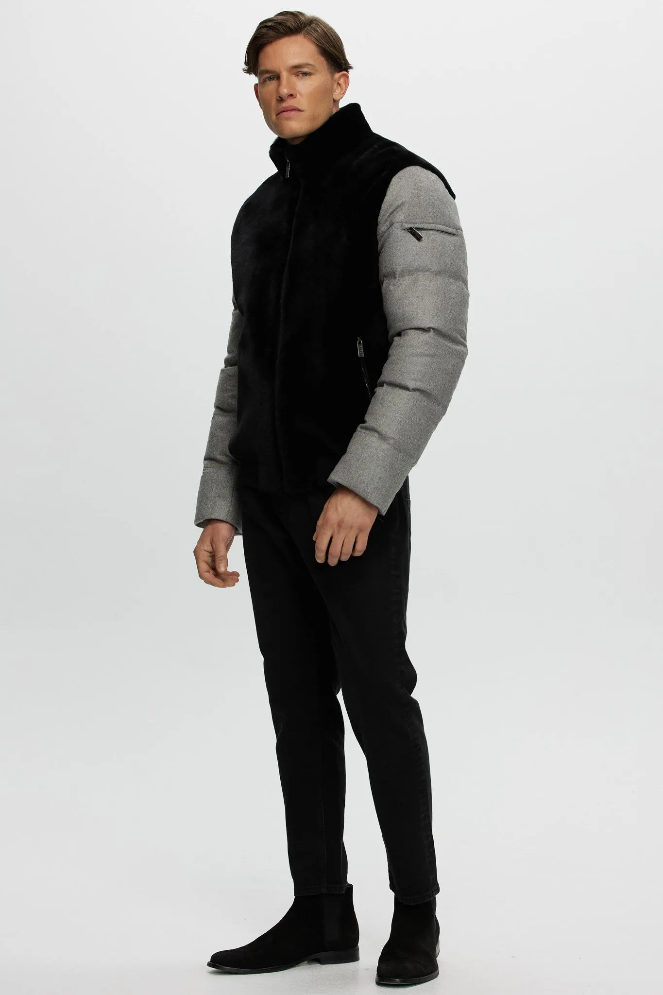 Men's Merino Shearling Lamb Bomber Jacket with Loro Piana Cashmere & Wool Quilted Down Sleeves and Back