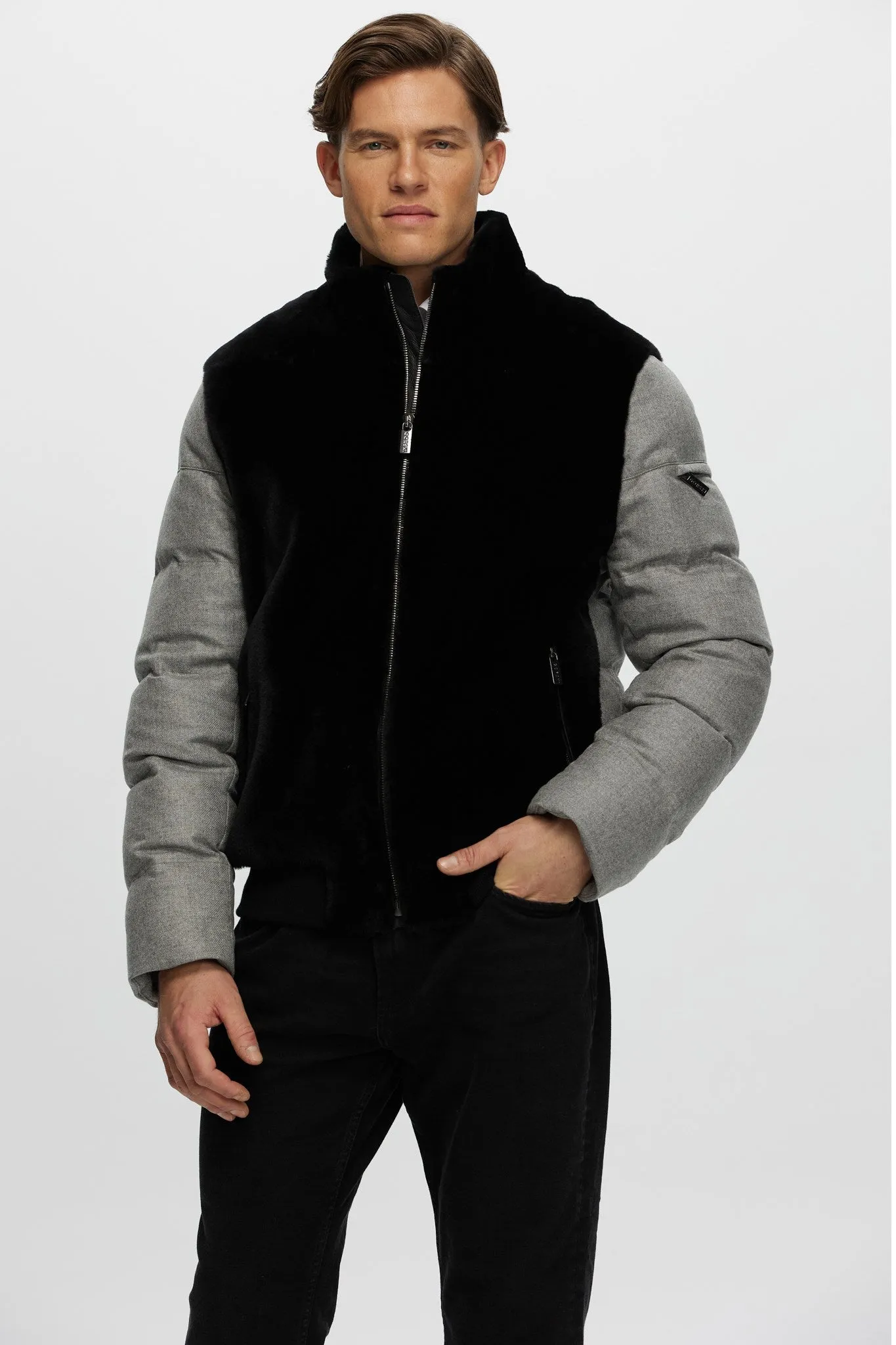 Men's Merino Shearling Lamb Bomber Jacket with Loro Piana Cashmere & Wool Quilted Down Sleeves and Back