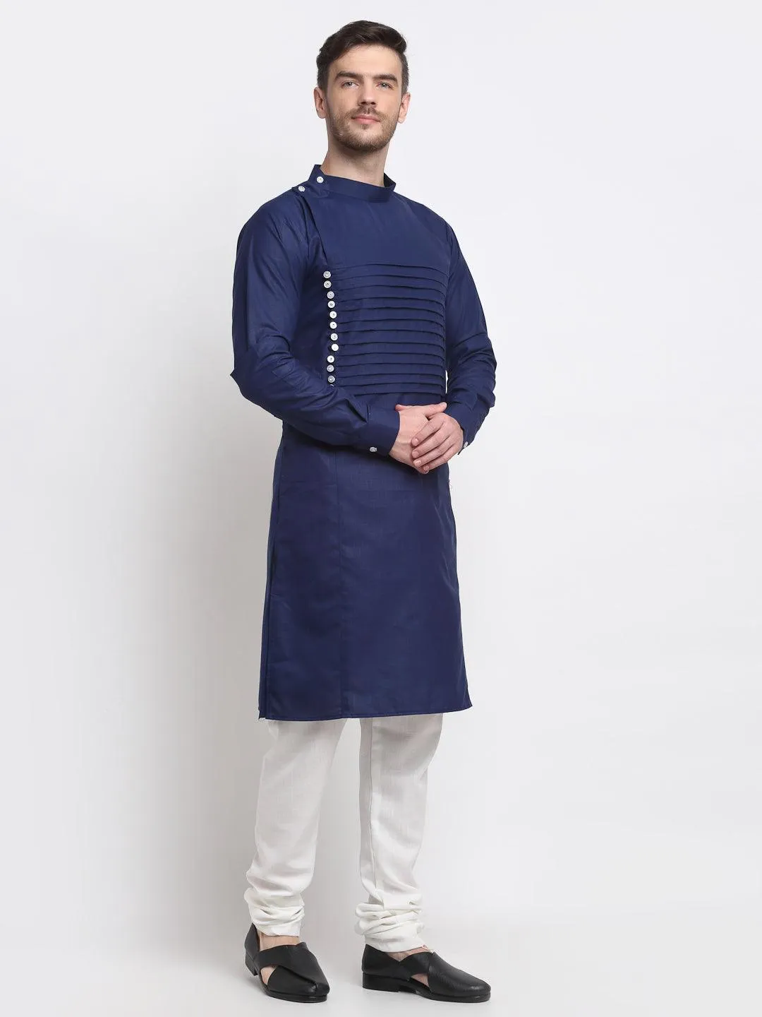 Men's Navy Blue Pintuck Design Kurta With White Churidaar Pyjama - Benstoke