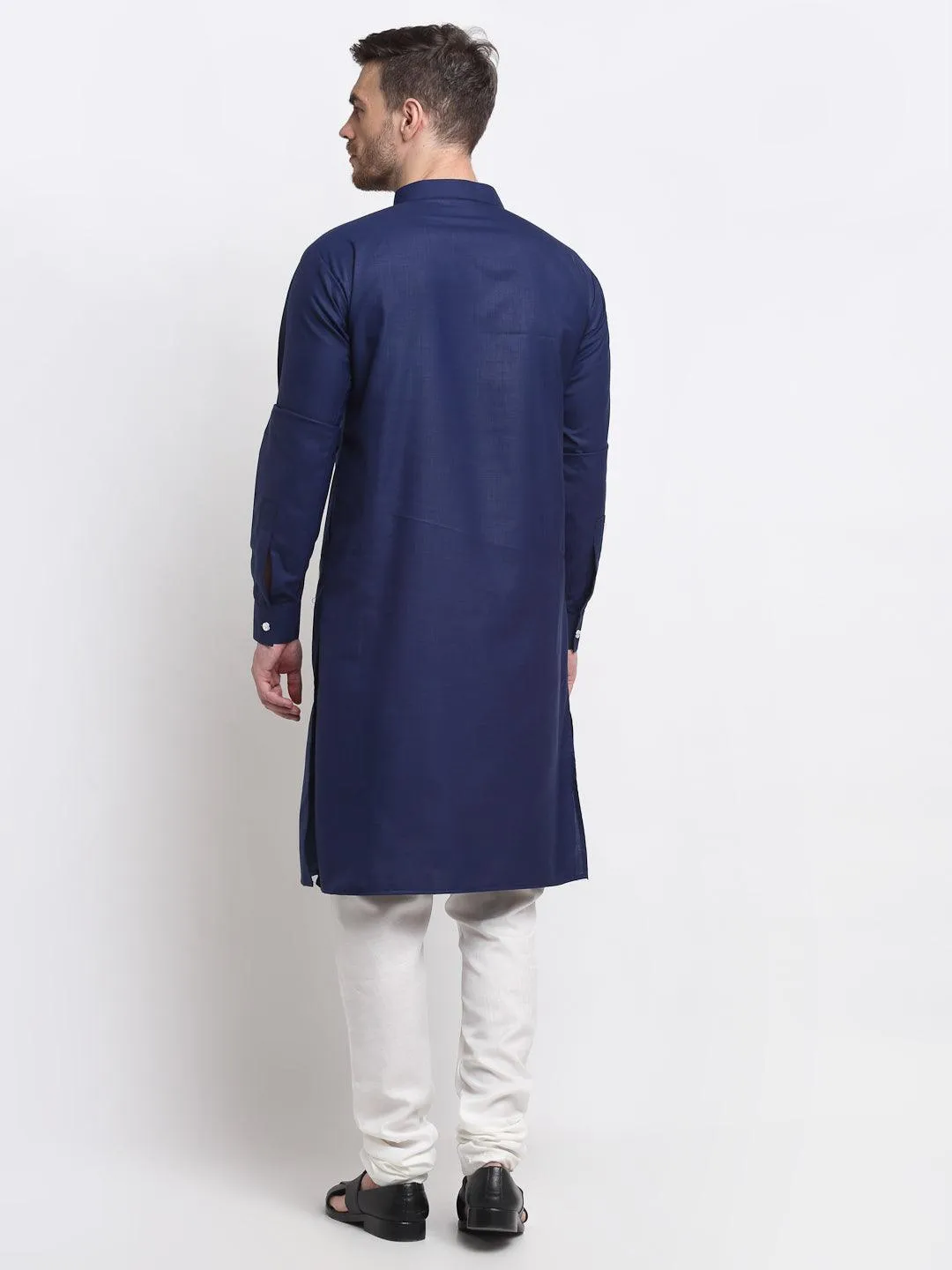 Men's Navy Blue Pintuck Design Kurta With White Churidaar Pyjama - Benstoke