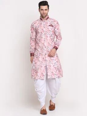 Men's Pink & Multi Printed Kurta With White Dhoti Pant - Benstoke