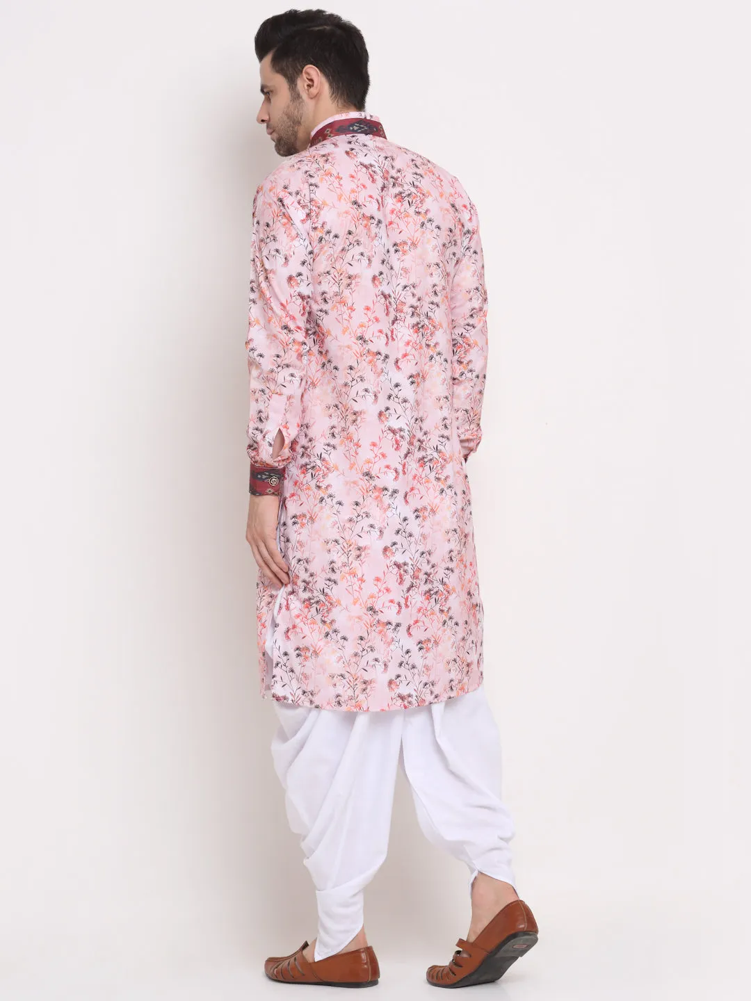 Men's Pink & Multi Printed Kurta With White Dhoti Pant - Benstoke