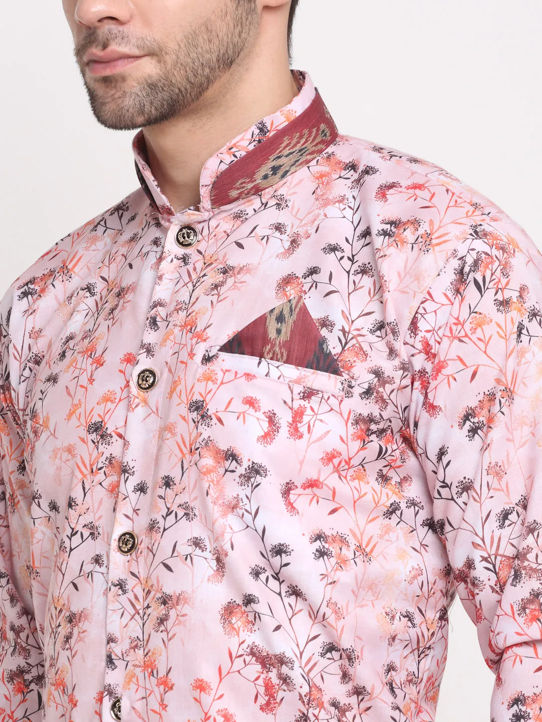 Men's Pink & Multi Printed Kurta With White Dhoti Pant - Benstoke