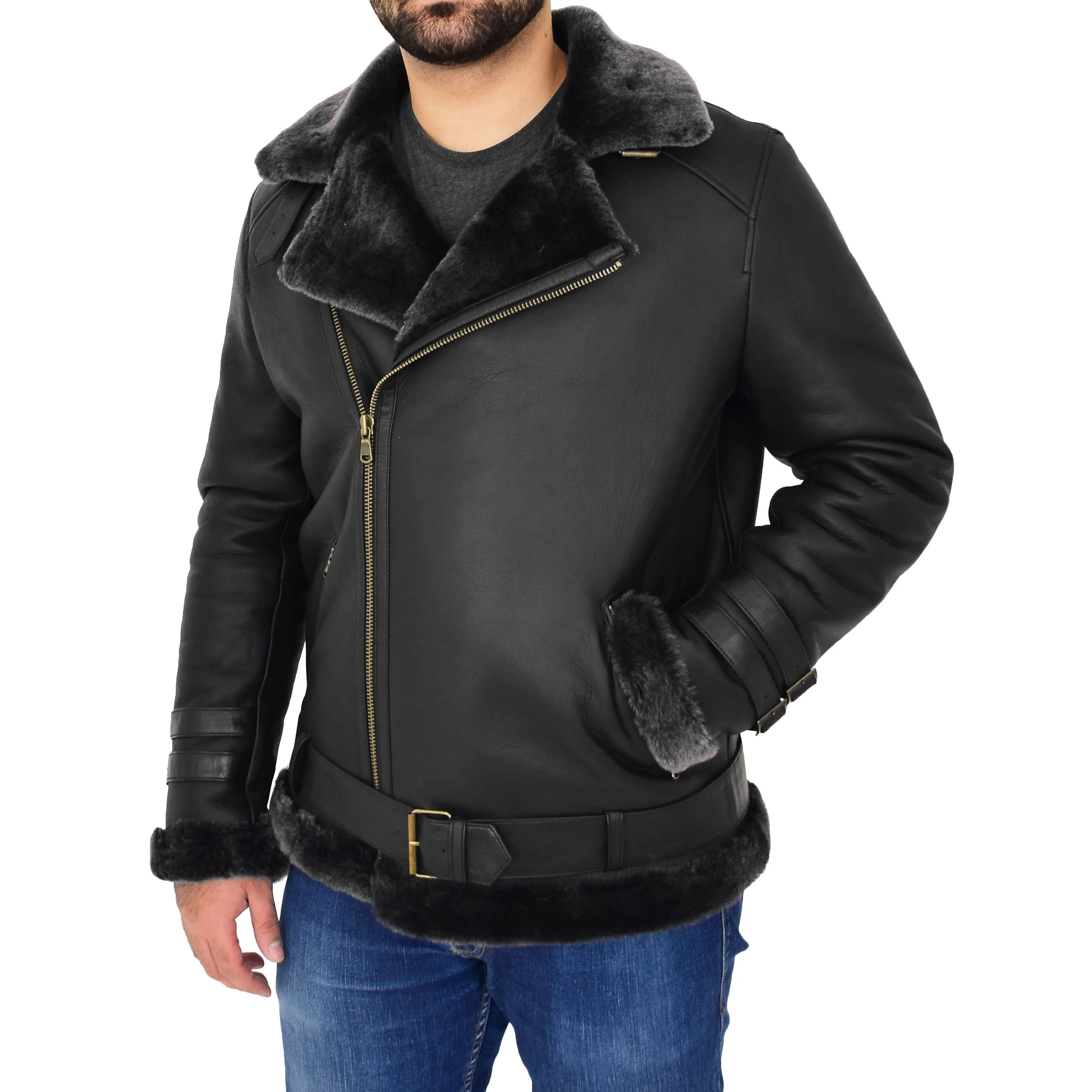 Mens Real Sheepskin Jacket Black X-Zip Aviator Shearling Hugh Black